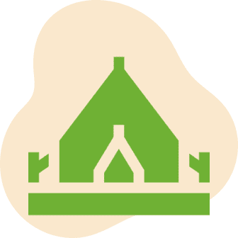 Frame 2095585082 A simple green tent icon with a triangular roof on an orange abstract background.