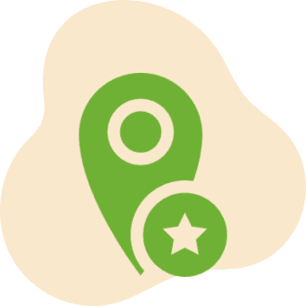 Frame 2095585083 A green map pin with a star in a circle at the bottom right, set against an orange abstract blob background.