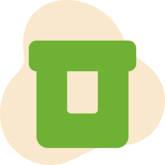 Frame 2095585084 Green rectangular container icon with an open front, overlaid on an orange abstract shape.