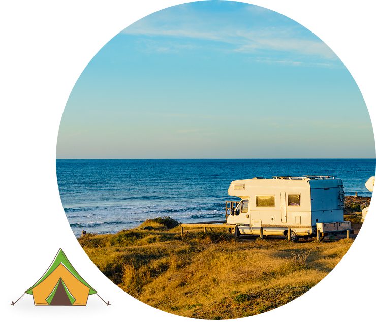 element2 A white camper van is parked on a grassy cliff overlooking the ocean under a clear sky, with a cartoon tent icon in the corner.